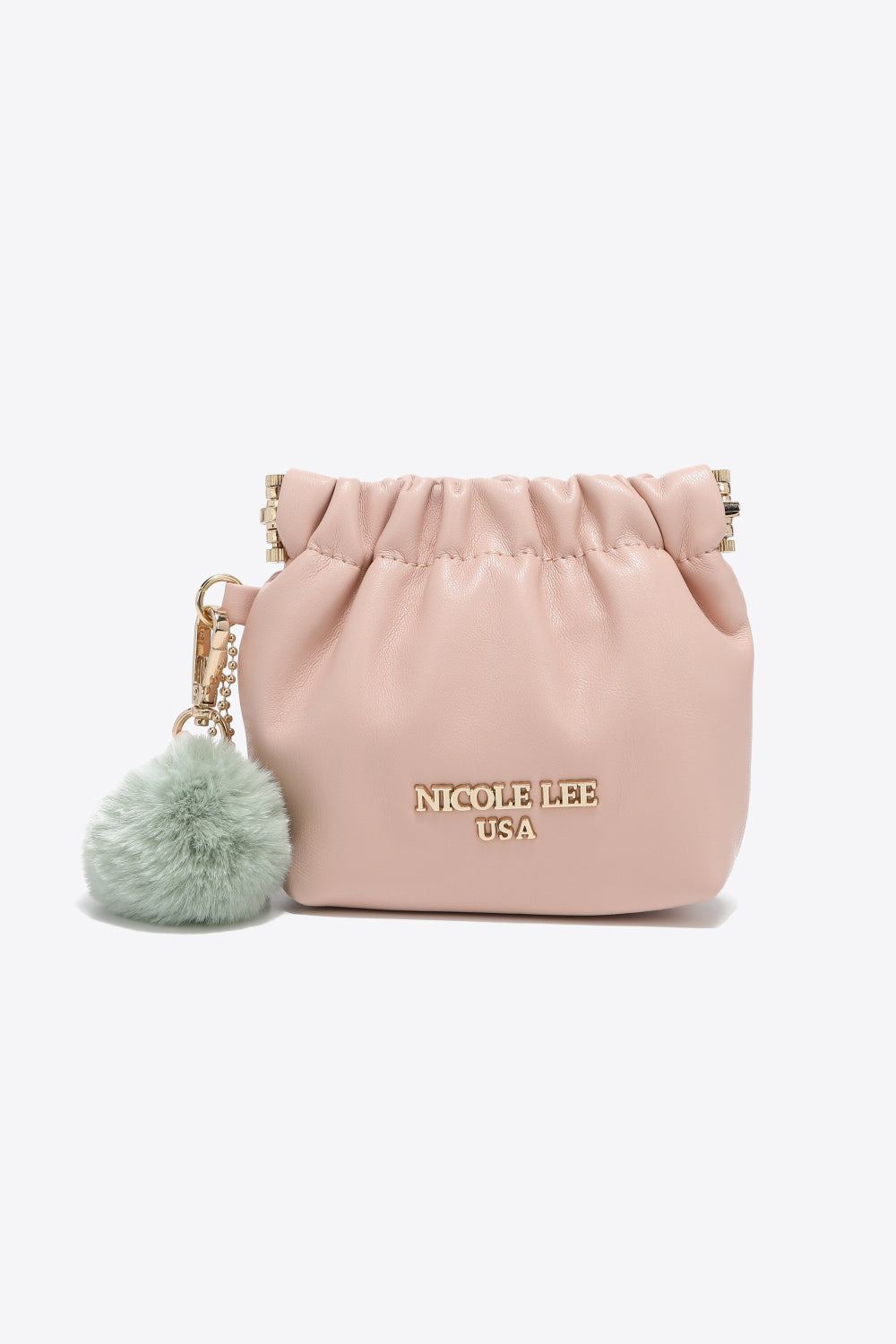 Nicole Lee USA Faux Leather Pouch in two-tone design with gold-tone hardware and detachable pompom keychain.