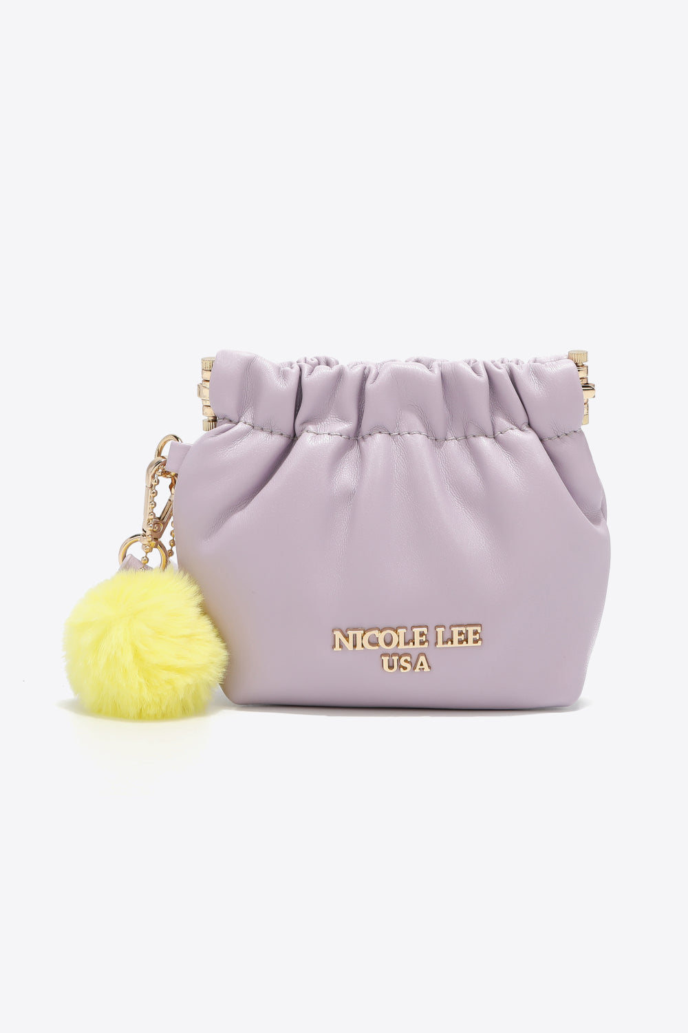 Nicole Lee USA Faux Leather Pouch in two-tone design with gold-tone hardware and detachable pompom keychain.