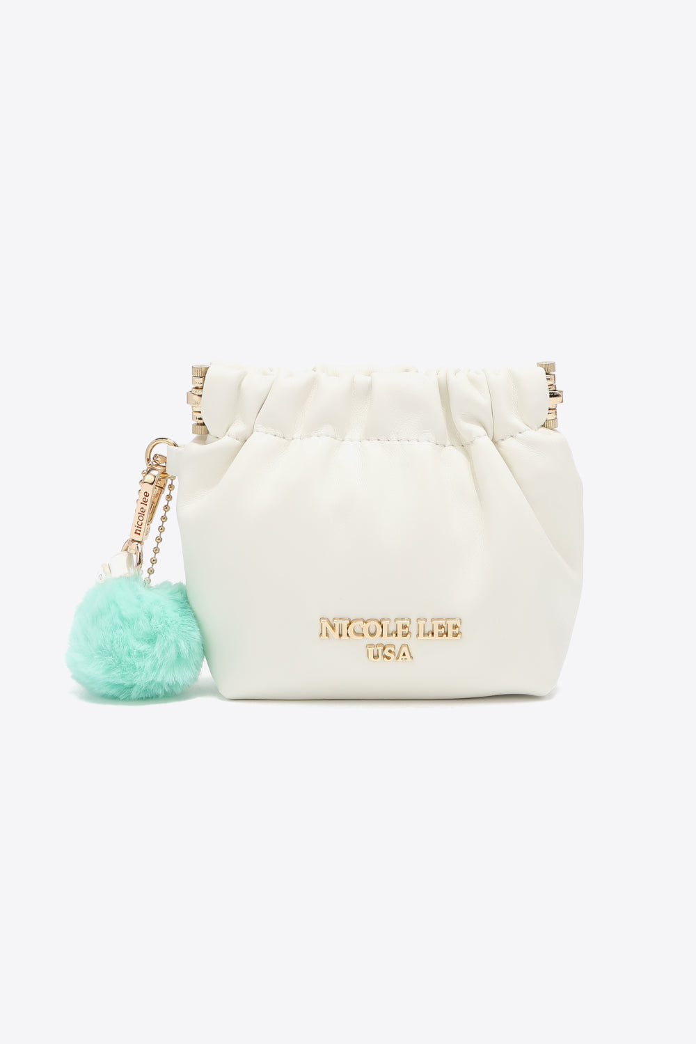 Nicole Lee USA Faux Leather Pouch in two-tone design with gold-tone hardware and detachable pompom keychain.