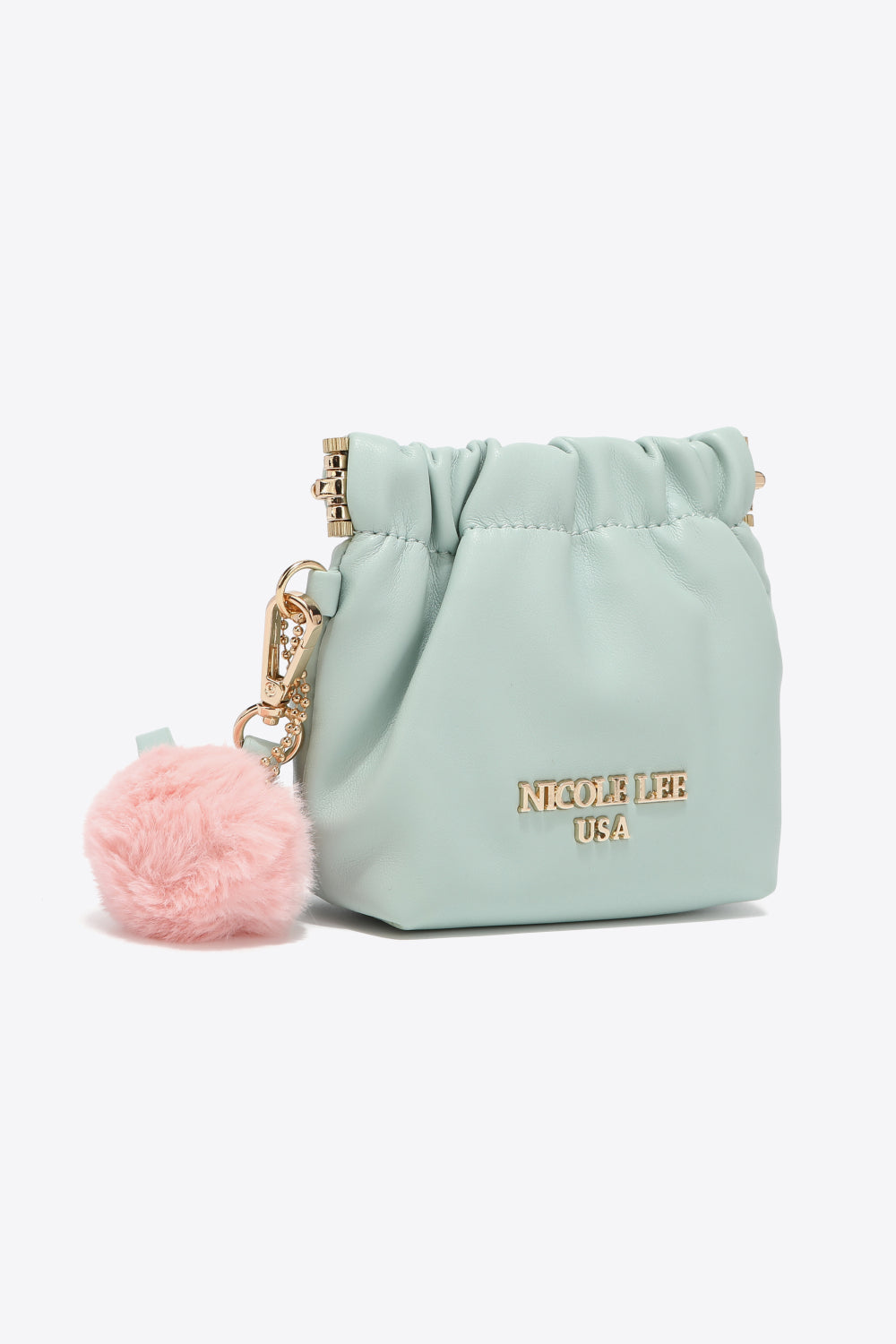 Nicole Lee USA Faux Leather Pouch in two-tone design with gold-tone hardware and detachable pompom keychain.