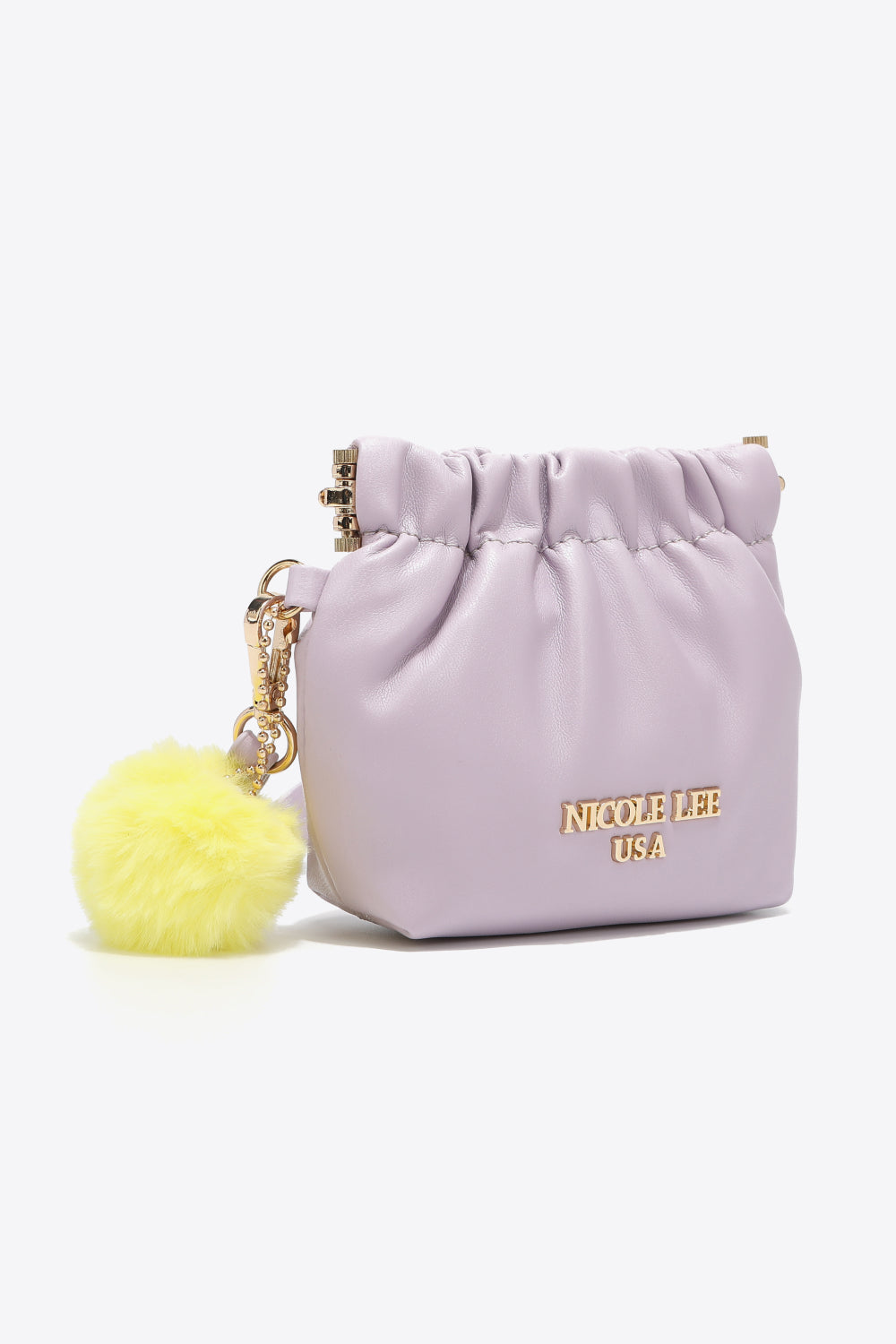 Nicole Lee USA Faux Leather Pouch in two-tone design with gold-tone hardware and detachable pompom keychain.