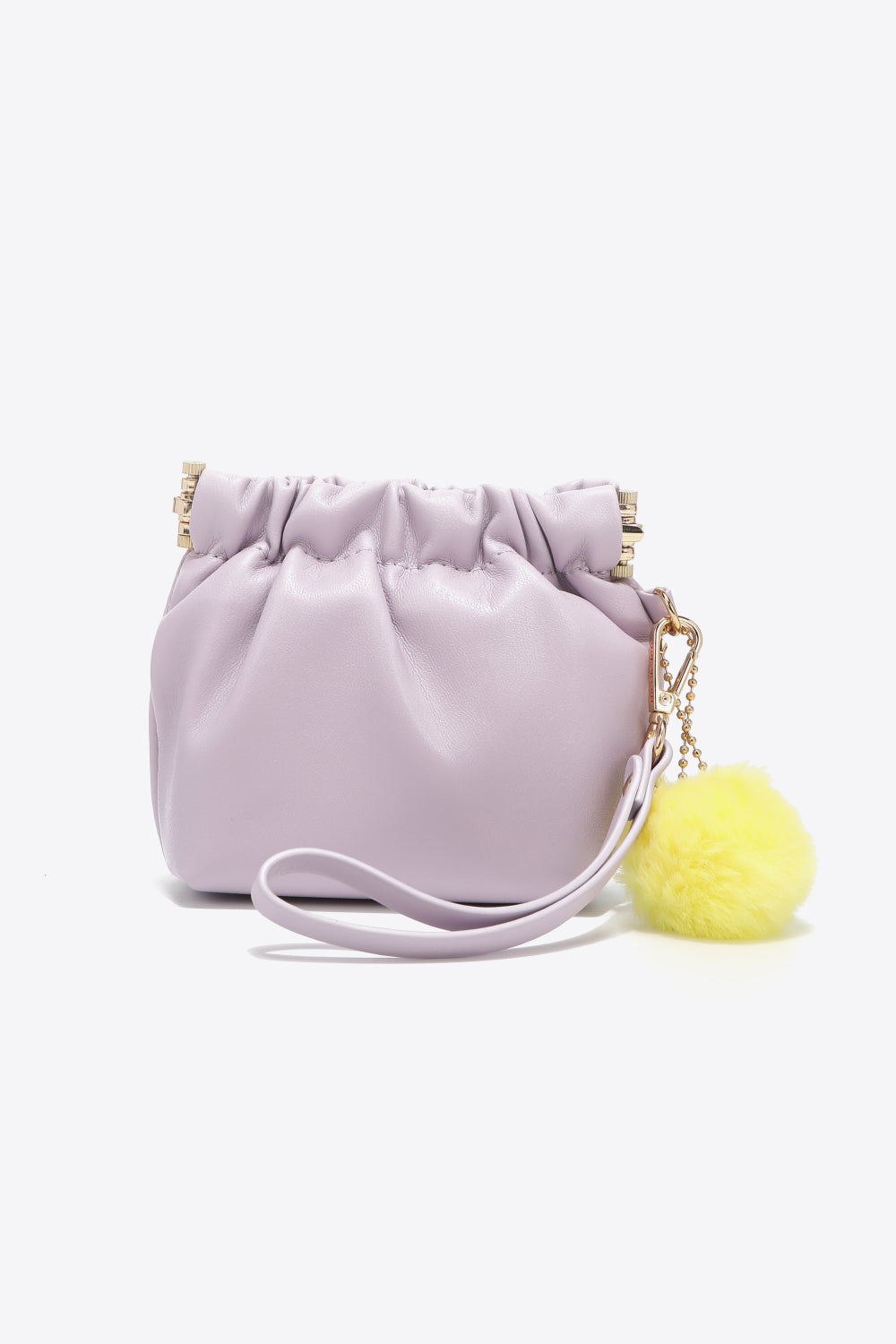 Nicole Lee USA Faux Leather Pouch in two-tone design with gold-tone hardware and detachable pompom keychain.