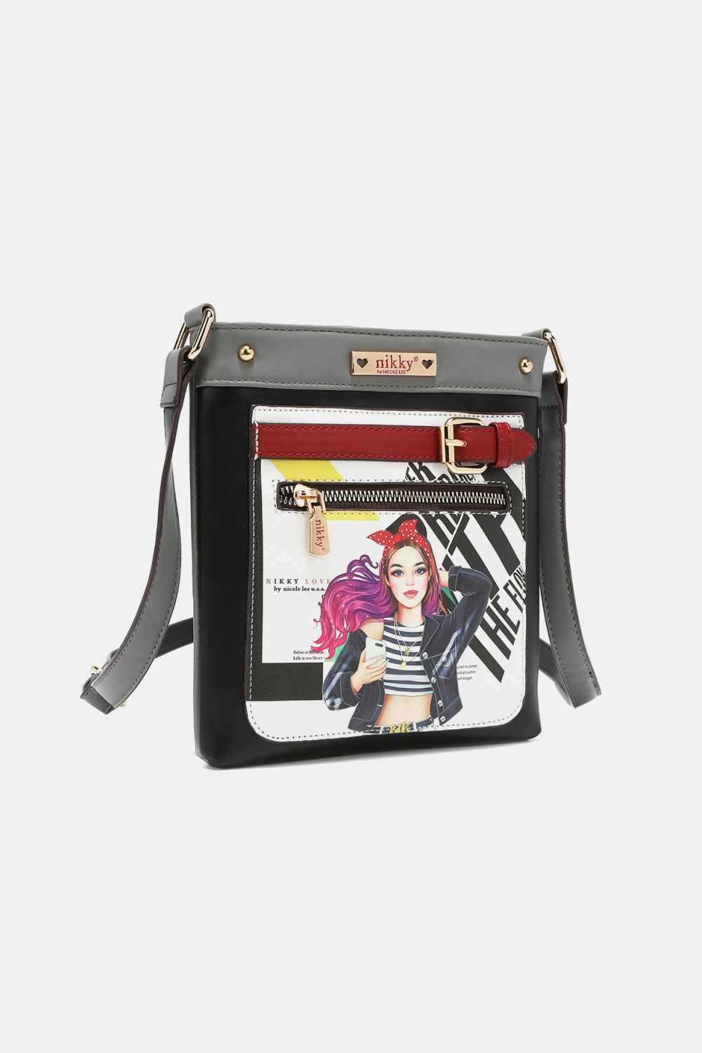 Nicole Lee USA Nikky Crossbody Bag in smooth eco-leather with gold-toned logo, showcasing its slimline design and front zipper pocket.