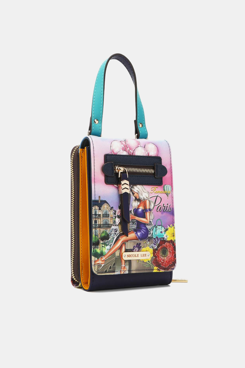 Nicole Lee USA Small Crossbody Wallet in pebbled vegan leather with printed pattern, featuring adjustable strap and multiple compartments.