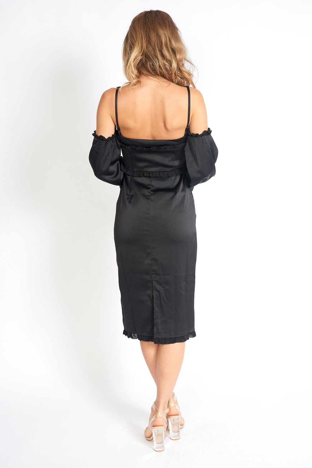 Elegant Night At The Museum Black Satin Dress featuring off-the-shoulder ruffled sleeves and a back slit for ease of movement.