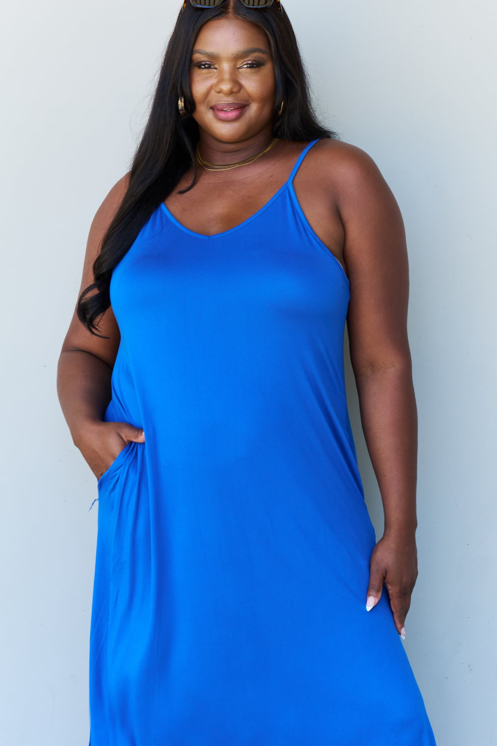 Ninexis Good Energy Royal Blue Maxi Dress with side slit and adjustable straps, showcasing a stylish cami design.