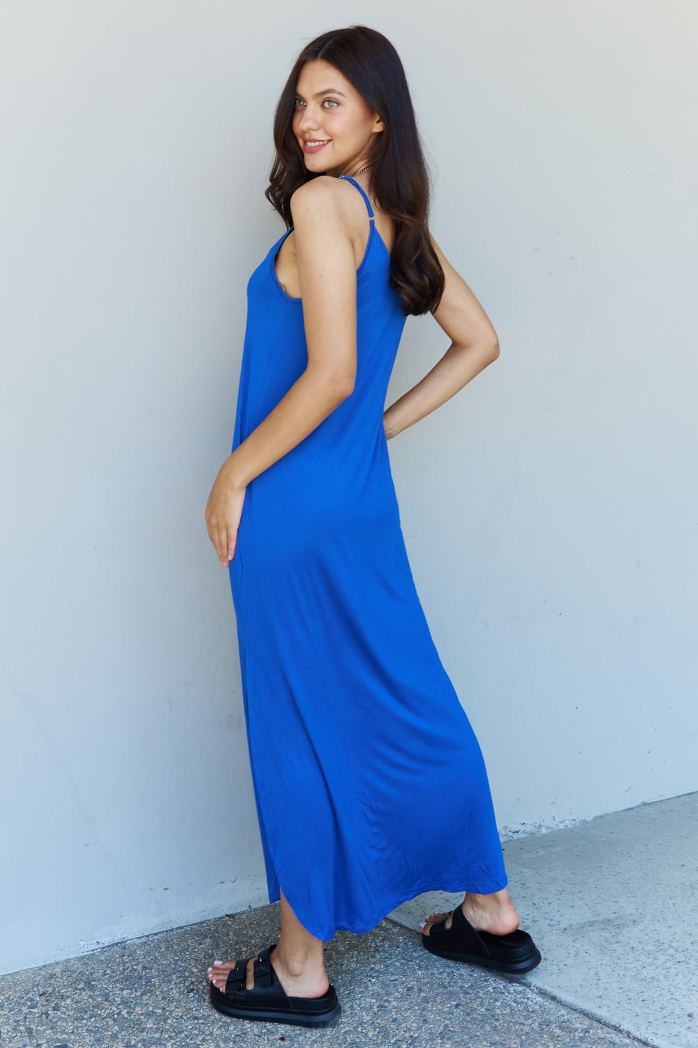 Ninexis Good Energy Royal Blue Maxi Dress with side slit and adjustable straps, showcasing a stylish cami design.