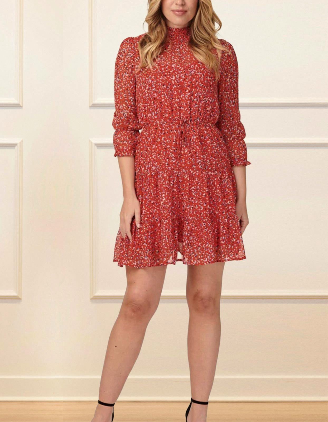 The Noemie Dress featuring a vibrant red print, high neckline, and semi-sheer 3/4 sleeves, perfect for casual chic outings.