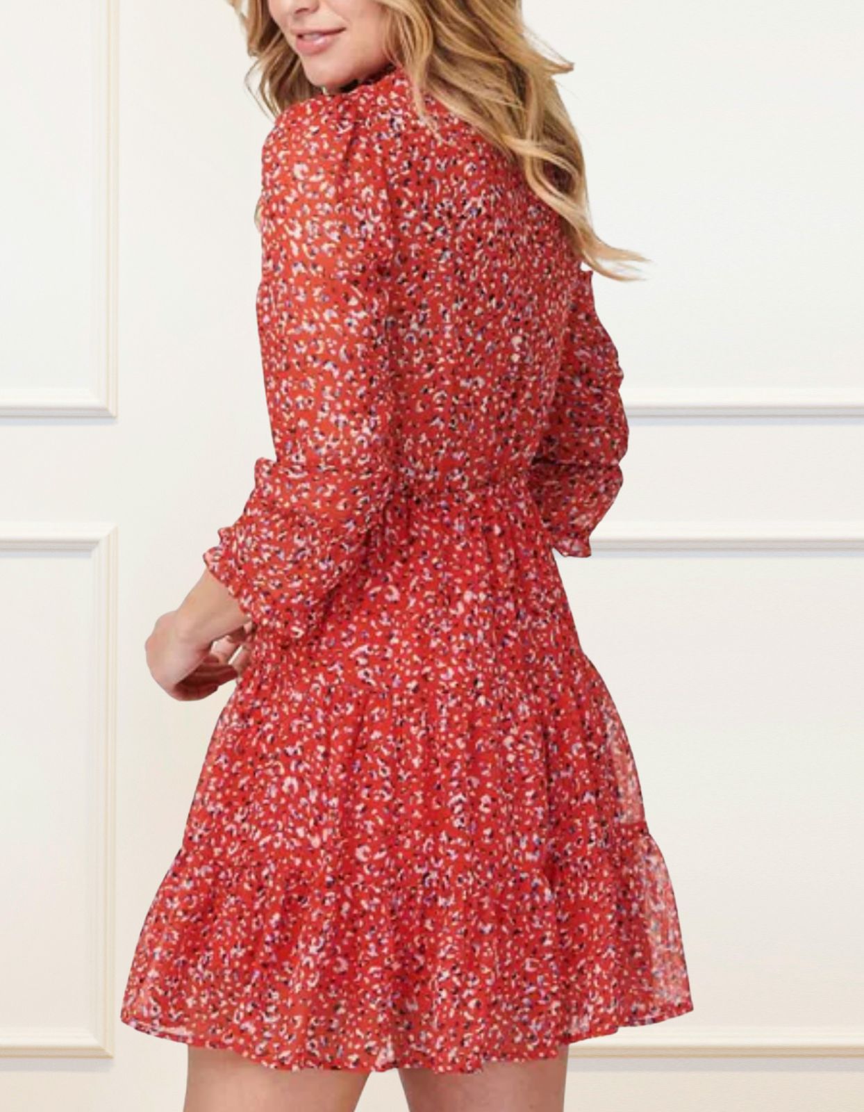 The Noemie Dress featuring a vibrant red print, high neckline, and semi-sheer 3/4 sleeves, perfect for casual chic outings.