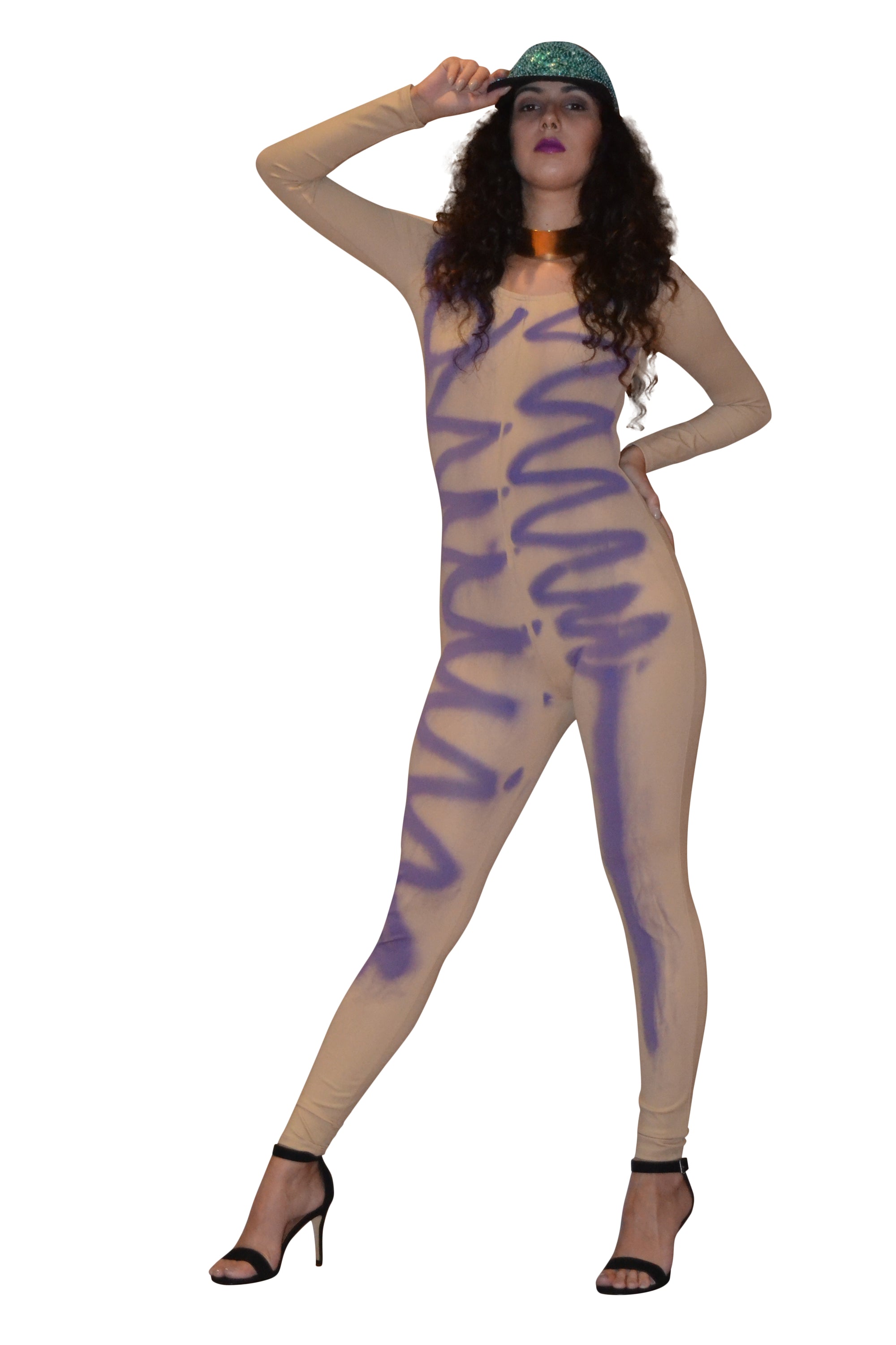 A stylish nude and purple one-piece catsuit with a rounded neckline, showcasing its unique design and handmade quality.