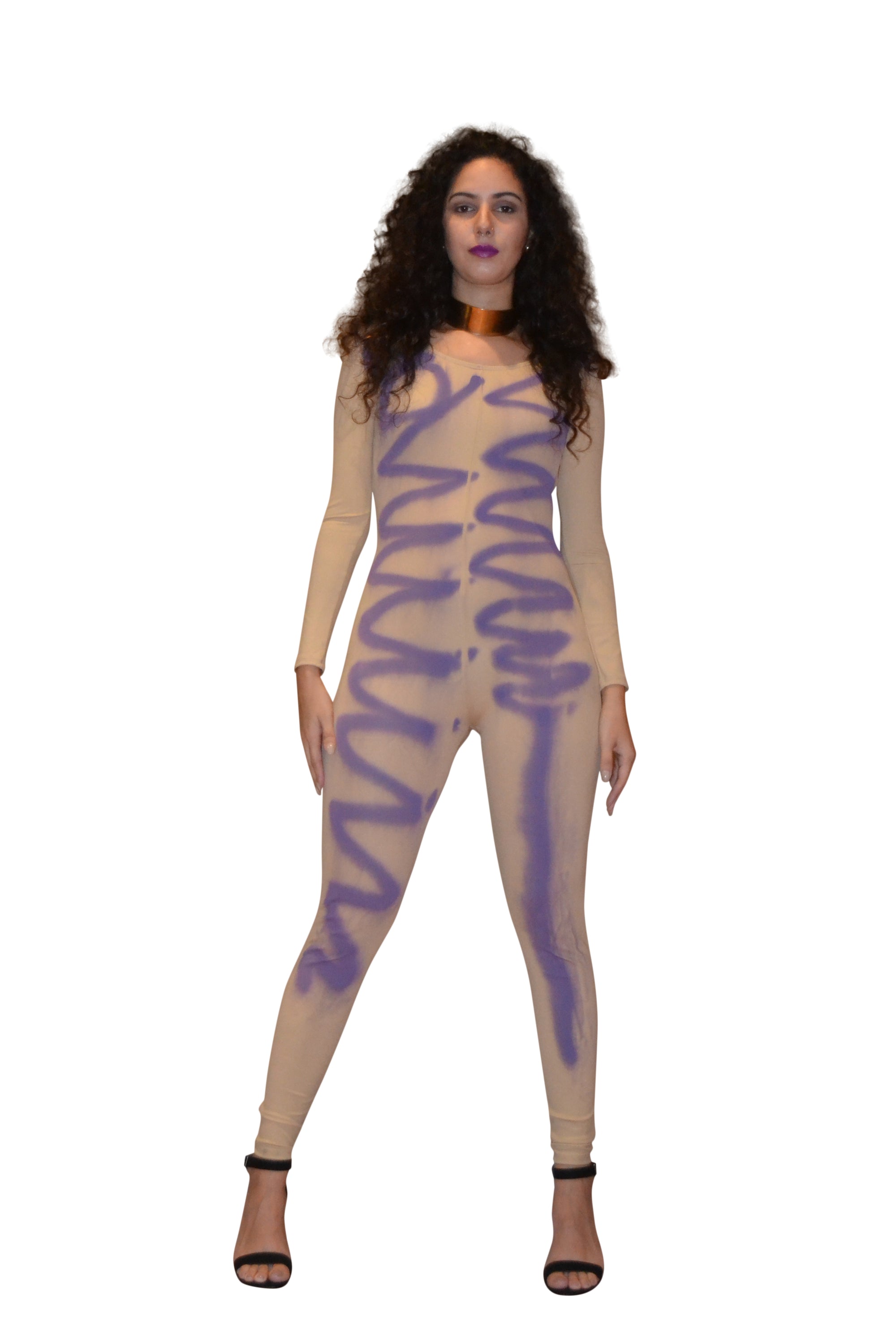 A stylish nude and purple one-piece catsuit with a rounded neckline, showcasing its unique design and handmade quality.