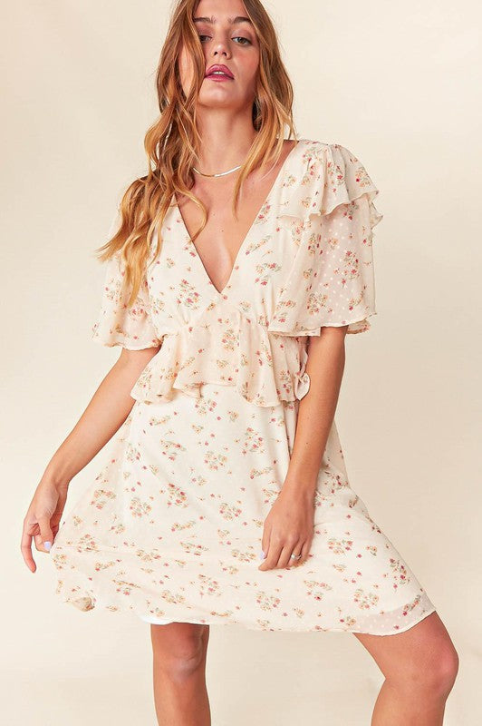 Oatmeal Chiffon Swiss Dot Floral V Neck Woven Dress featuring a floral print and ruffle sleeves, perfect for stylish occasions.