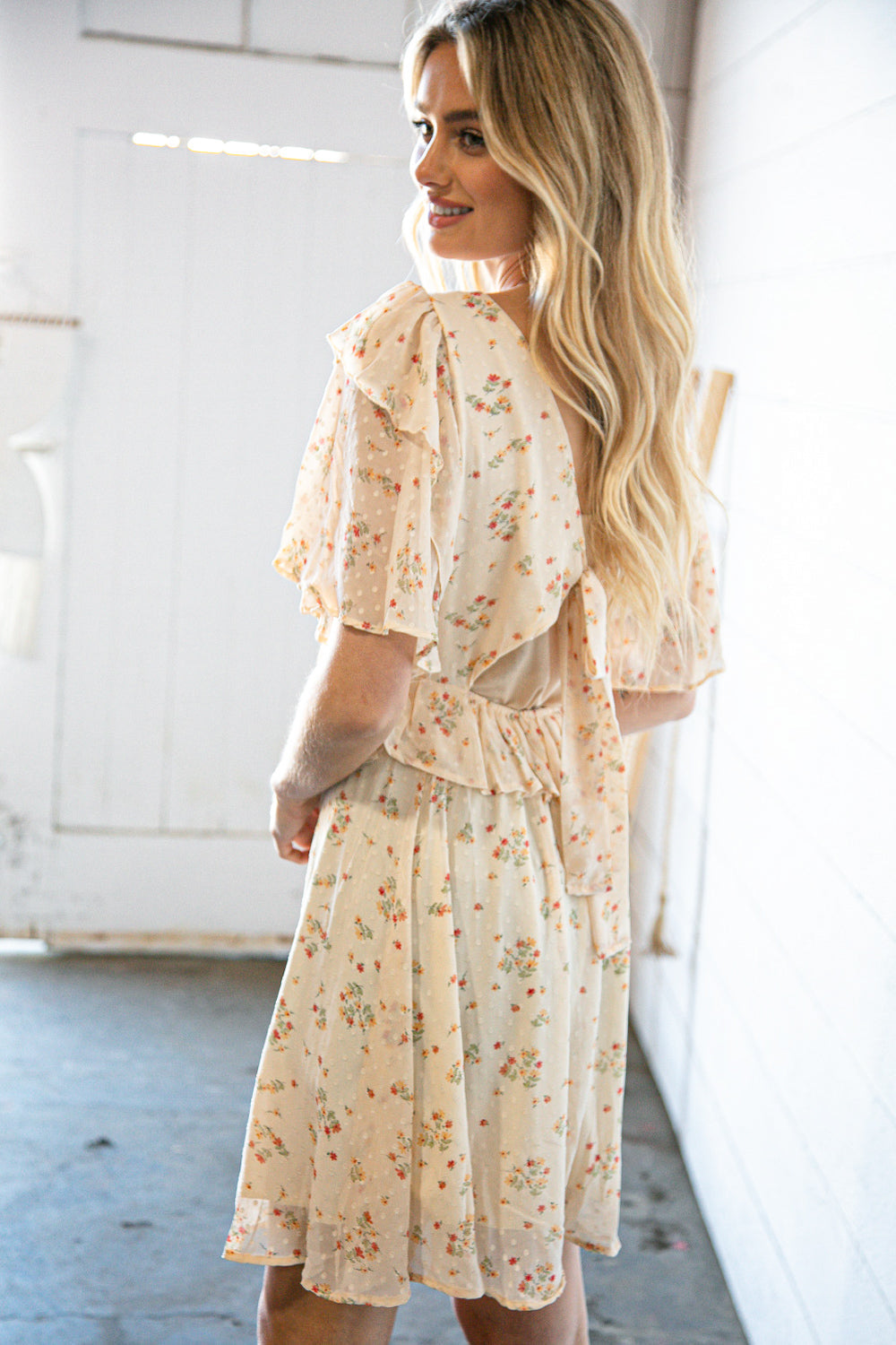 Oatmeal Chiffon Swiss Dot Floral V Neck Woven Dress featuring a floral print and ruffle sleeves, perfect for stylish occasions.