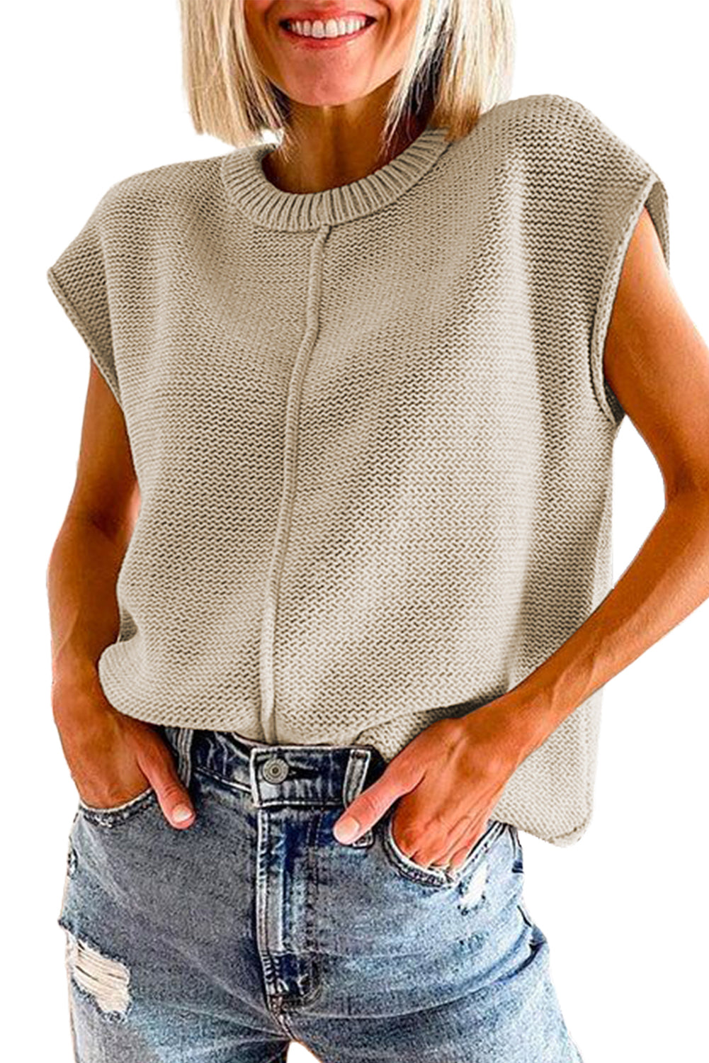 Oatmeal solid color cap sleeve knitted sweater displayed on a mannequin, showcasing its stylish design and soft fabric.