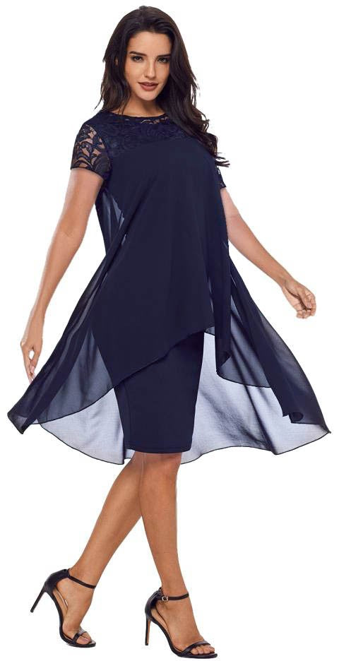 Elegant dark blue knee-length dress with lace sleeves and asymmetric translucent top layer.