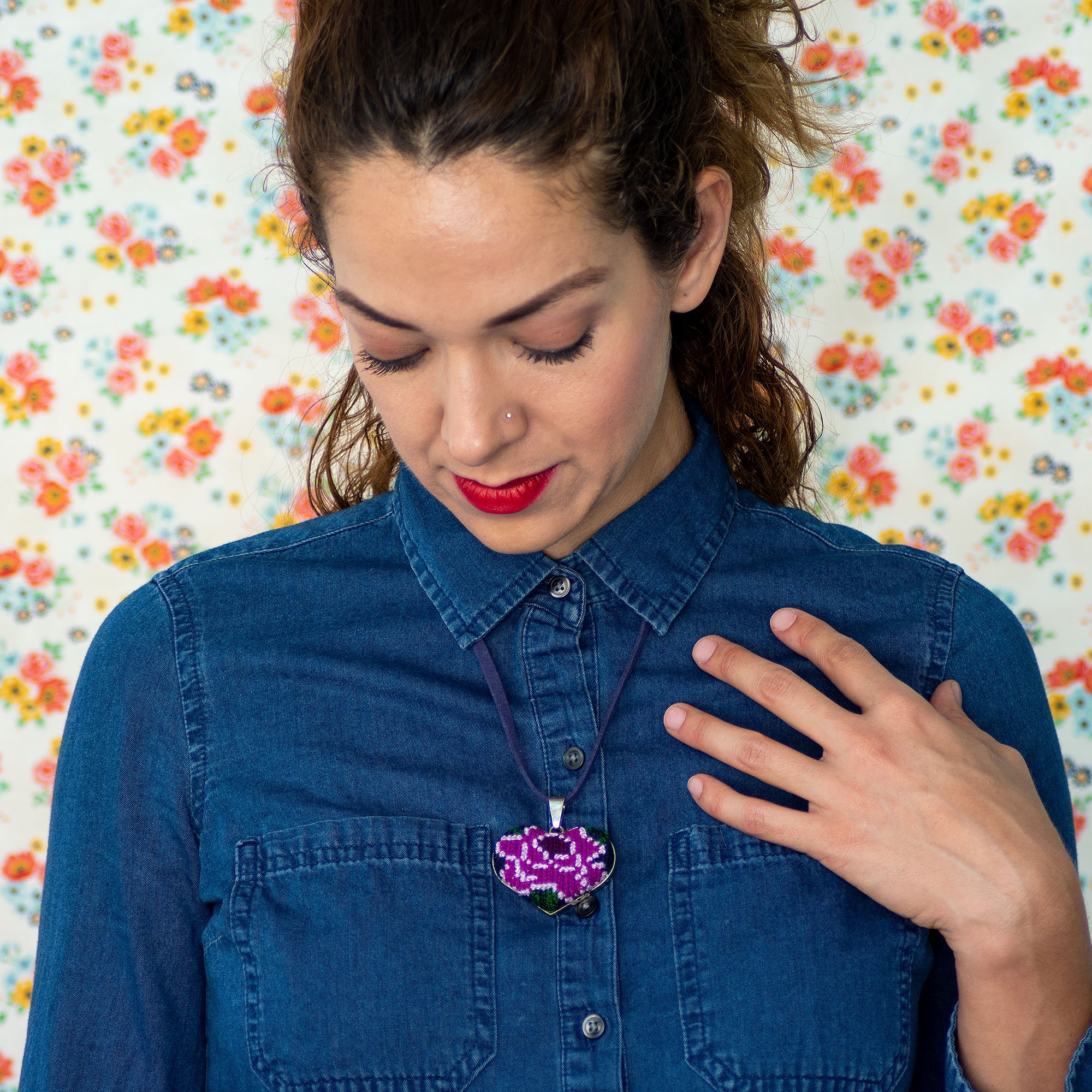 Ocosingo Heart Embroidered Necklace featuring vibrant colors and intricate designs, handcrafted by artisans from Chiapas, Mexico.