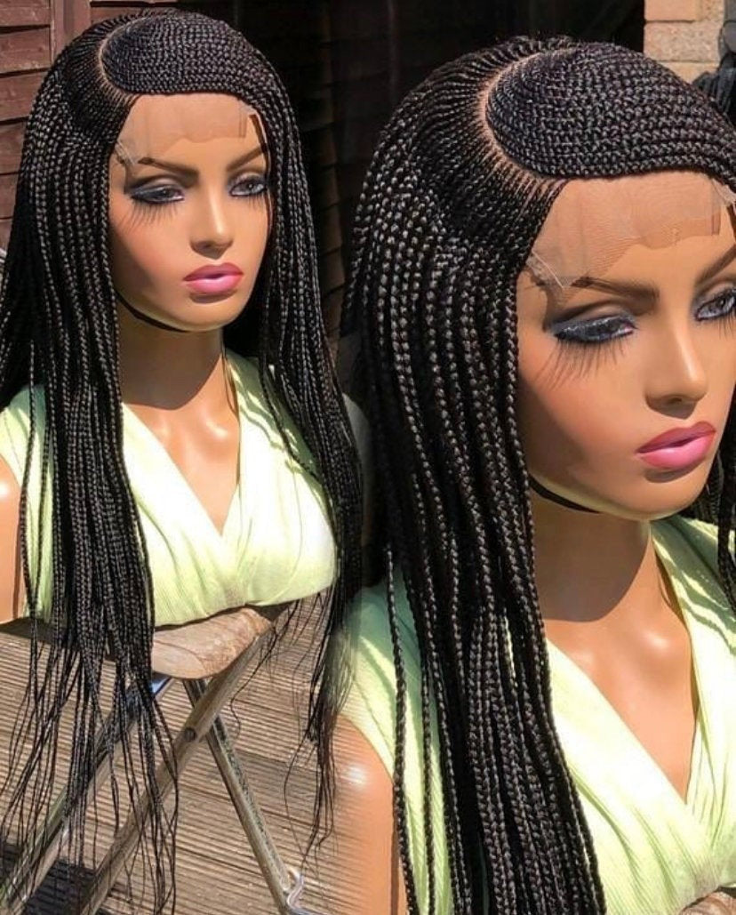 Odette braid wig featuring neatly made braids and bleached knots, available in full lace frontal or closure options.