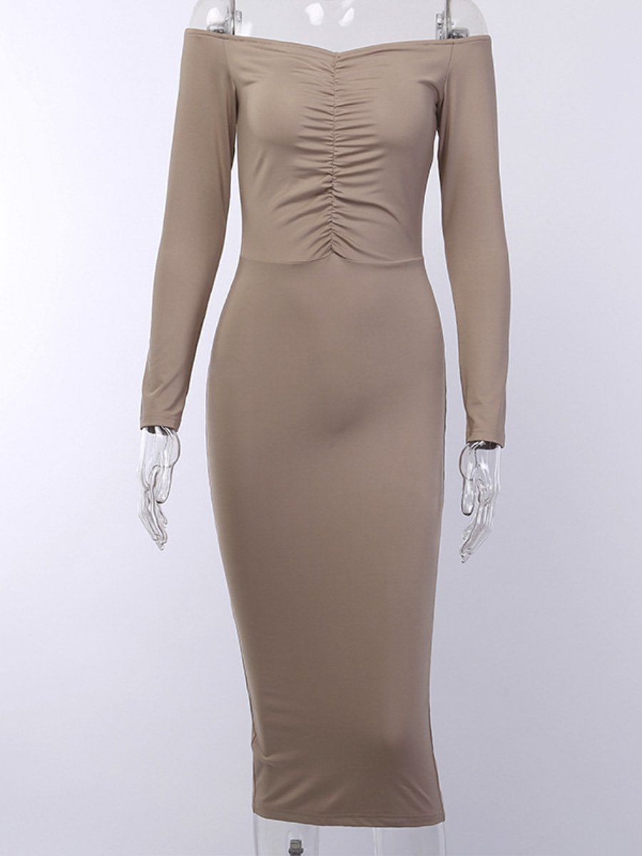 A stylish off-shoulder A-line long bodycon dress for women, showcasing a flattering silhouette and made from comfortable spandex material.