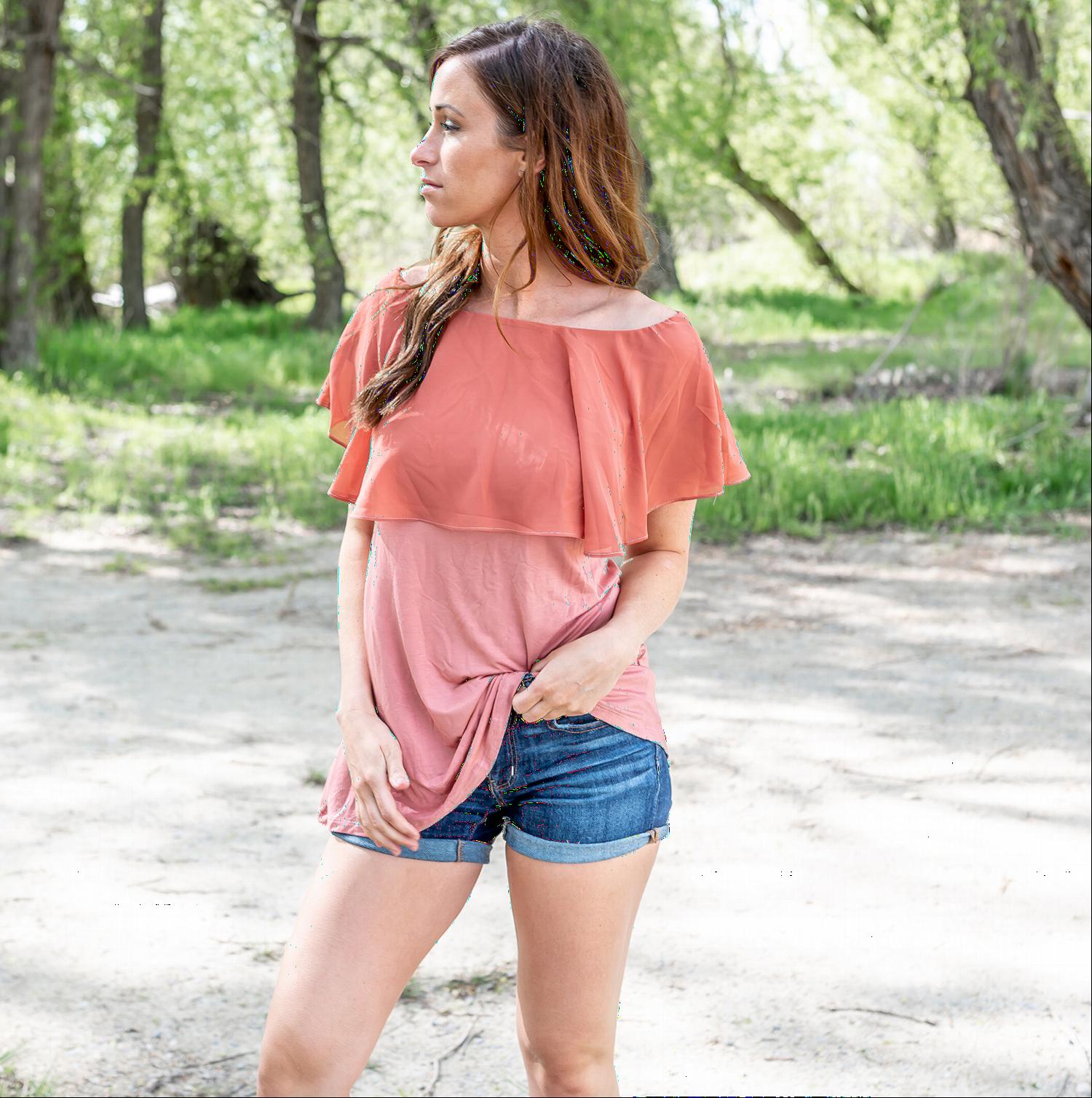 A stylish Off Shoulder Chiffon Tunic Top in soft fabric, showcasing a trendy off-shoulder design, perfect for Spring/Summer wear.