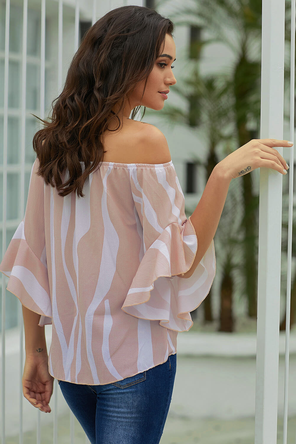 Off The Shoulder Pink White Vertical Stripes Blouse with ruffles and tie front design, perfect for summer wear.