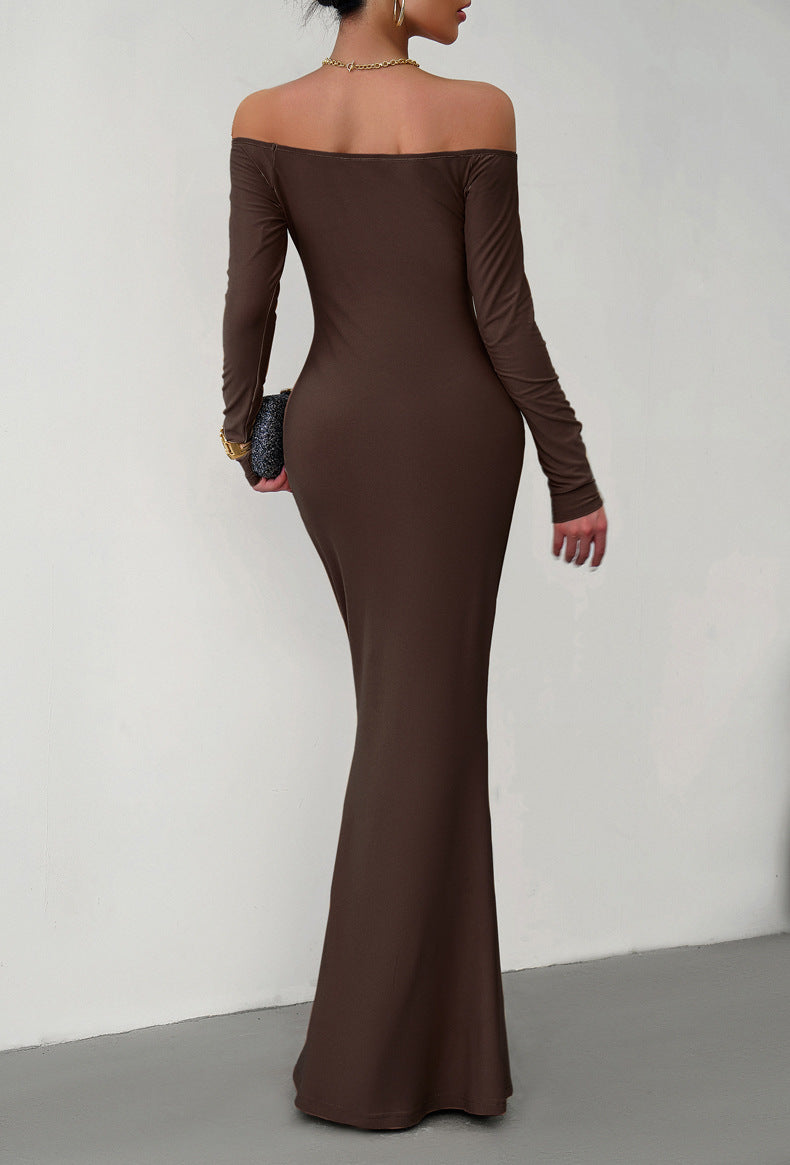 A stylish off-shoulder long sleeve maxi dress in solid color, featuring a mermaid hem and made from a comfortable polyester blend.