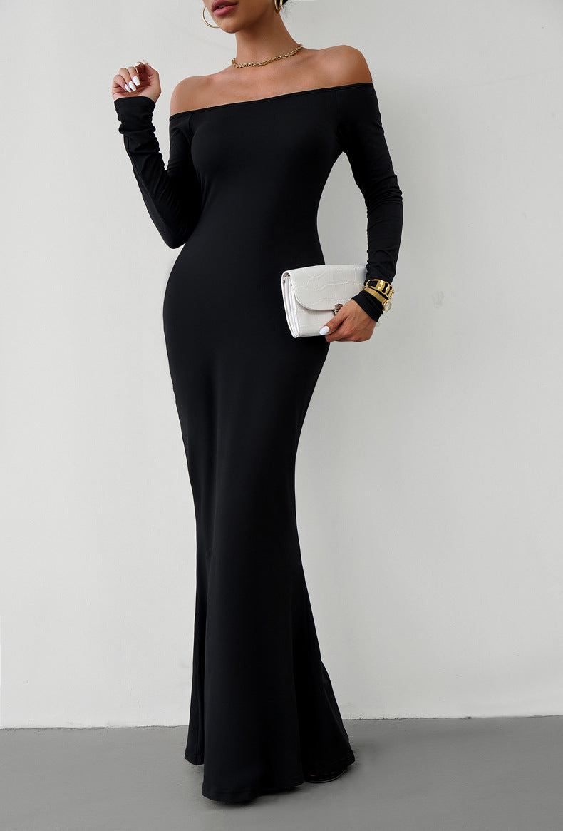 A stylish off-shoulder long sleeve maxi dress in solid color, featuring a mermaid hem and made from a comfortable polyester blend.