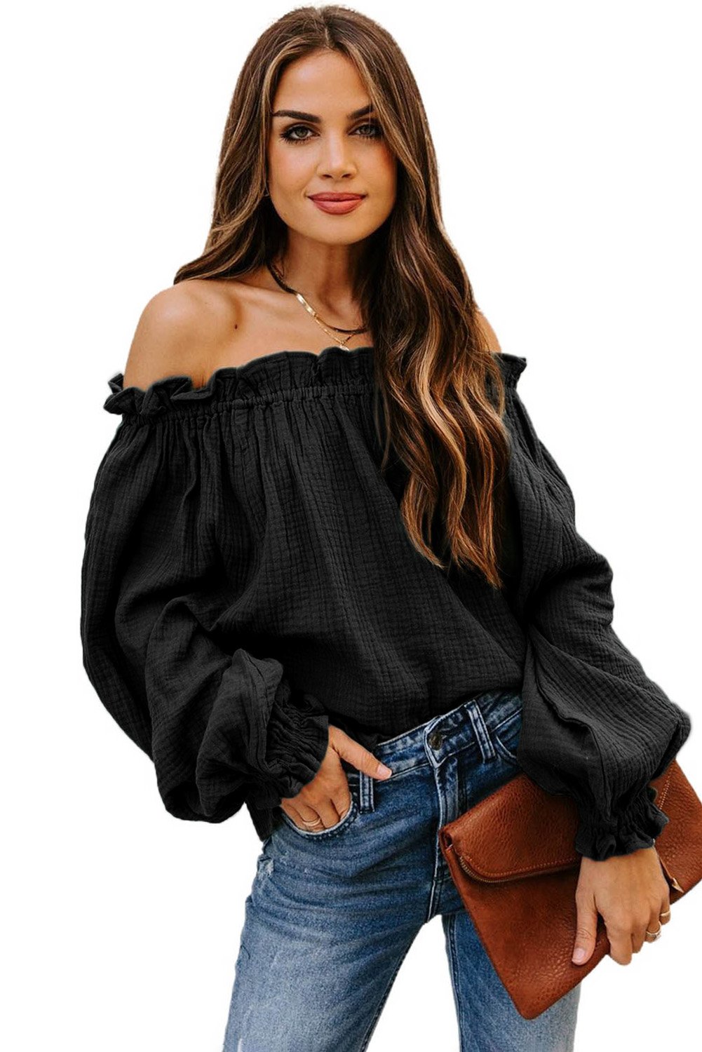 A stylish Off-the-shoulder Ruffle Top featuring an elastic ruffled neckline and flowy sleeves, perfect for casual or dressy occasions.