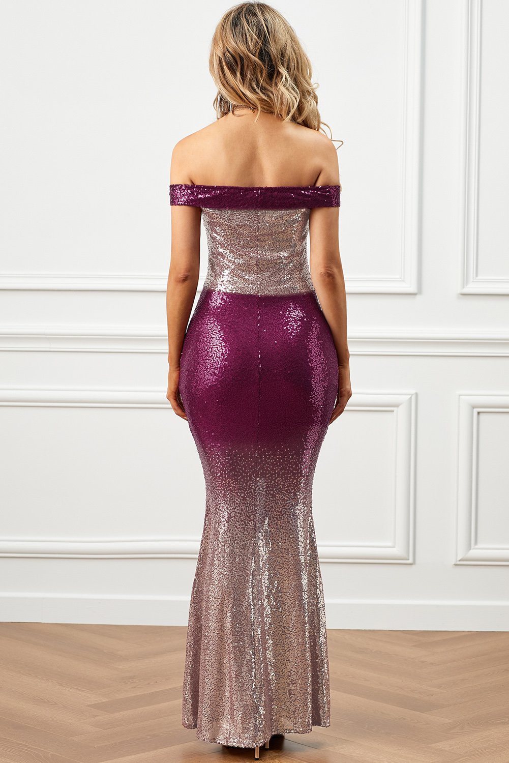 A glamorous off-the-shoulder sequin maxi dress featuring a gradient design, perfect for evening parties and formal events.