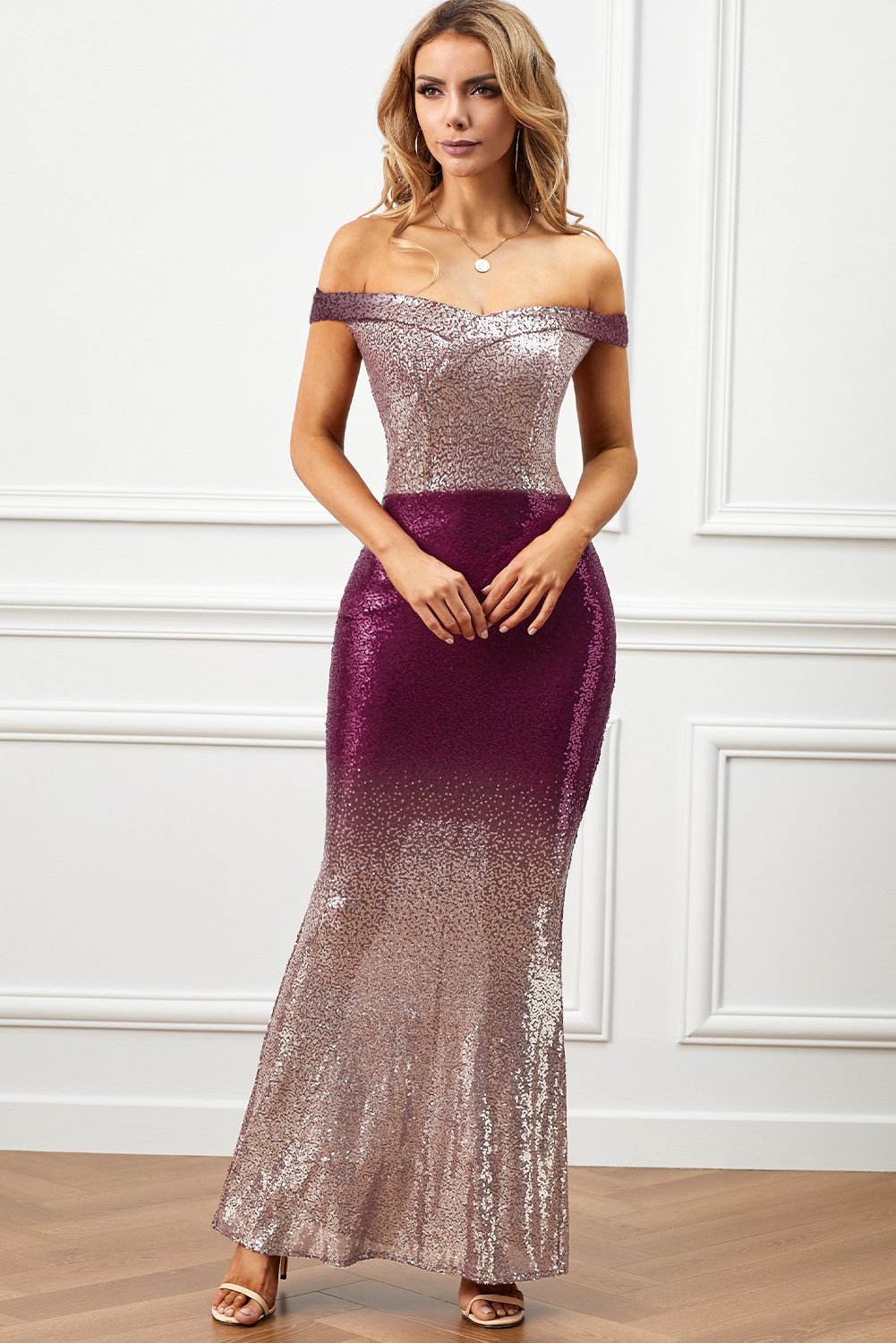 A glamorous off-the-shoulder sequin maxi dress featuring a gradient design, perfect for evening parties and formal events.