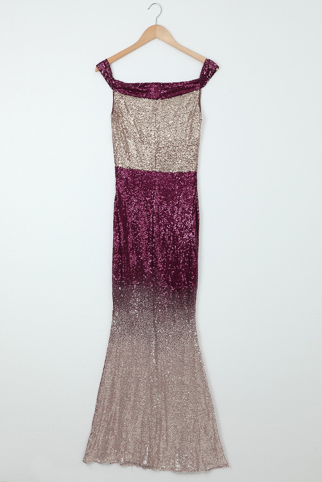 A glamorous off-the-shoulder sequin maxi dress featuring a gradient design, perfect for evening parties and formal events.