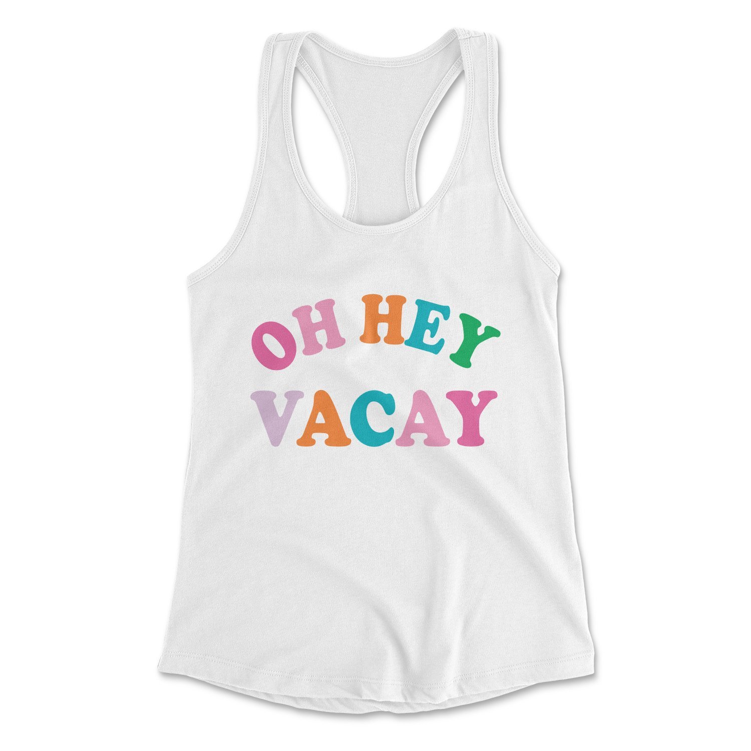 Oh Hey Vacay Tank top featuring a vibrant design, perfect for summer outings, designed and printed in the USA.