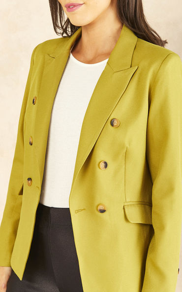 Olive Solid Blazer featuring a double-breasted design and peaked lapel, perfect for office and evening wear.