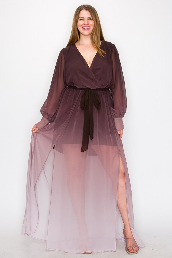 Ombre chiffon maxi dress with wrap front, long sleeves, and tie waist, featuring a stylish slit front design.