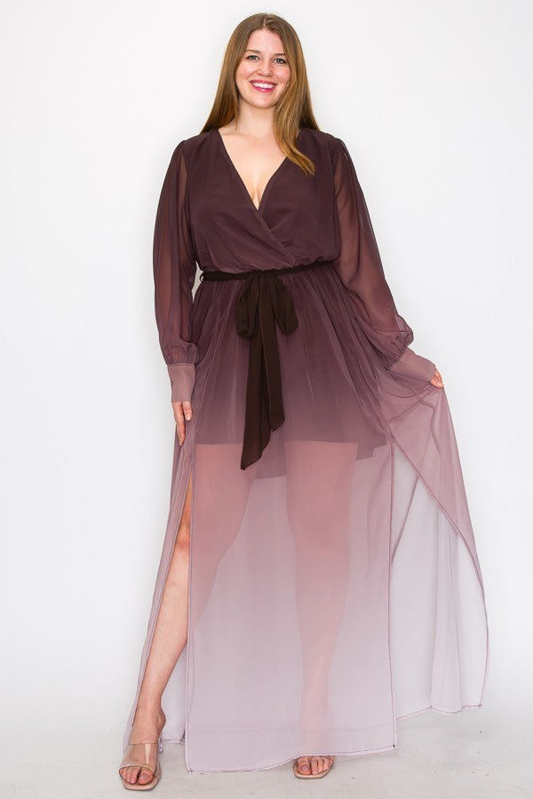 Ombre chiffon maxi dress with wrap front, long sleeves, and tie waist, featuring a stylish slit front design.