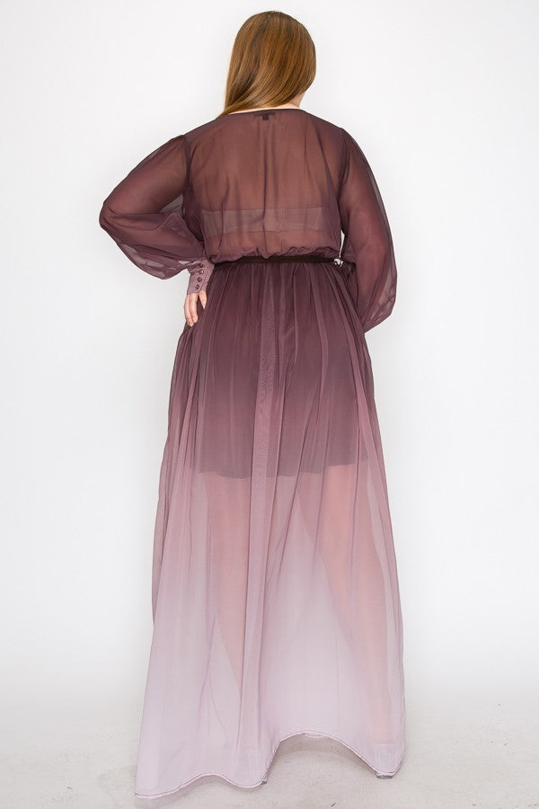 Ombre chiffon maxi dress with wrap front, long sleeves, and tie waist, featuring a stylish slit front design.