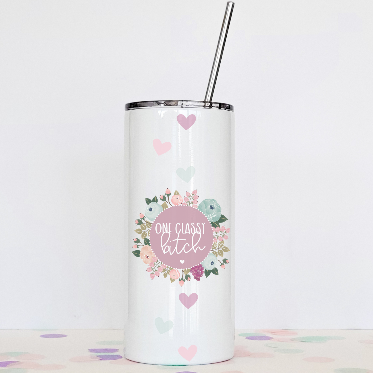 One Classy Bitch Tumbler with clear slider lid and stainless steel straw, showcasing its sleek design and double-walled stainless steel construction.