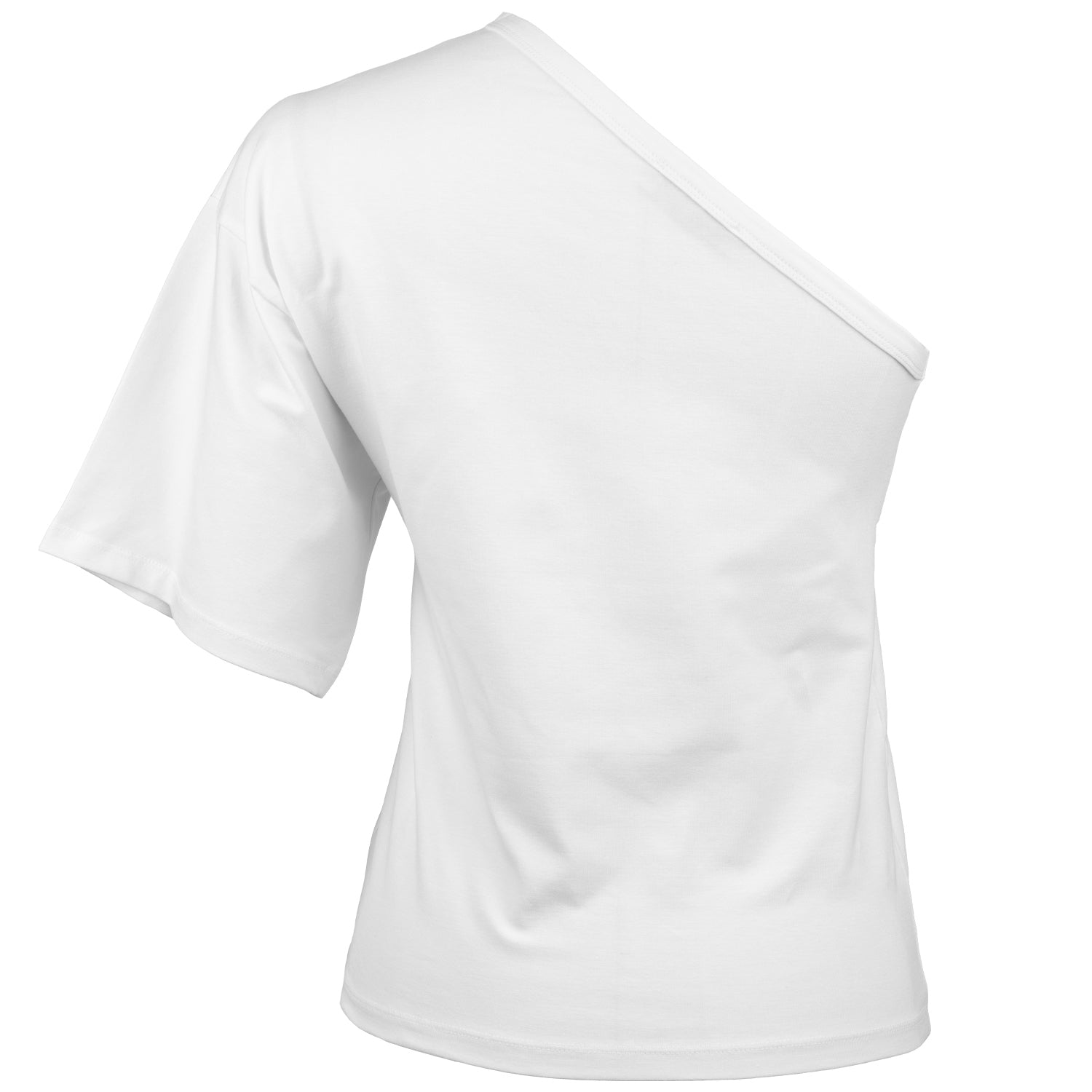 A stylish one-shoulder white body top made from cotton and elastane, showcasing a modern design suitable for various occasions.