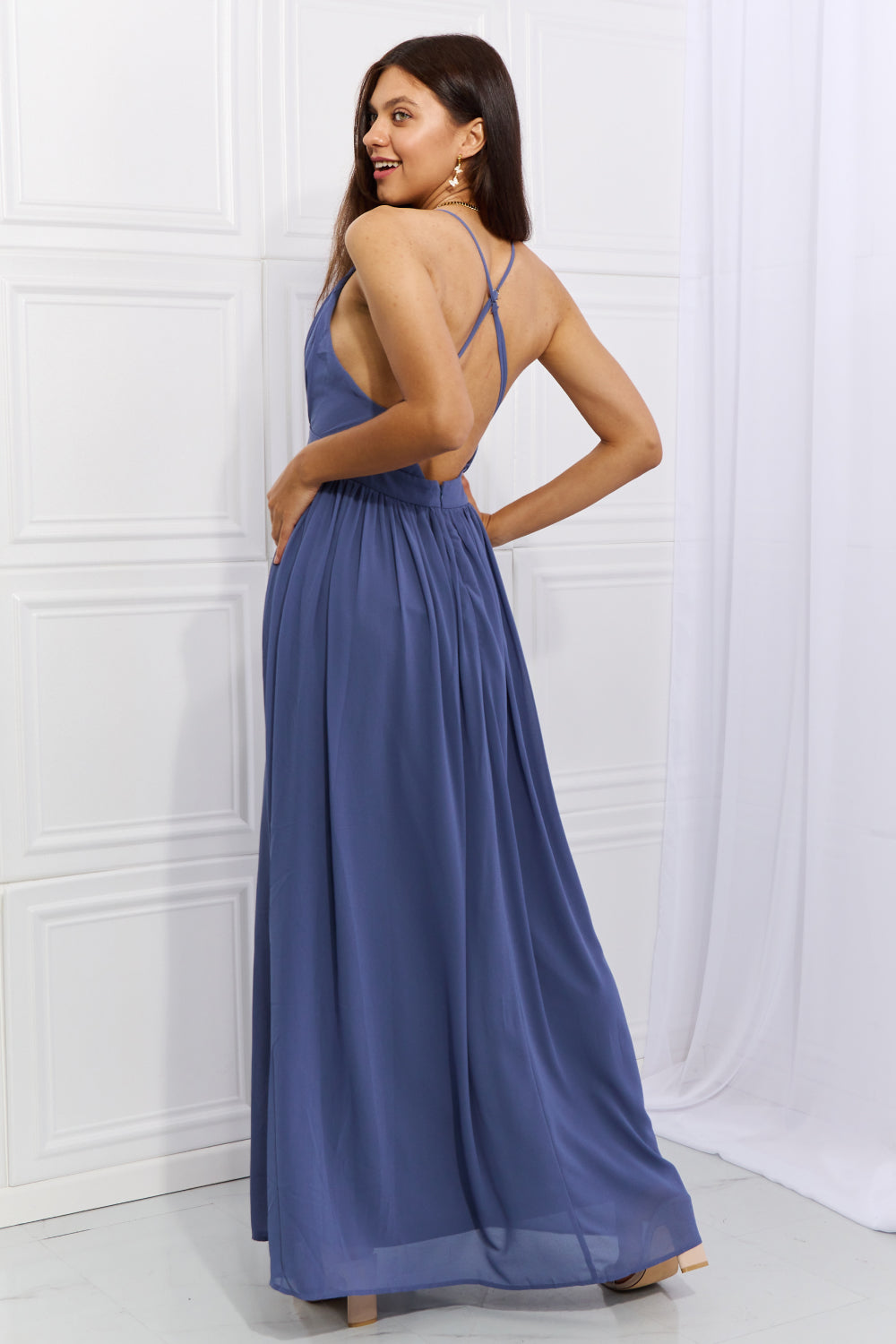 OneTheLand Captivating Muse Open Crossback Maxi Dress featuring a low V-neckline, side slit, and open crossback design, perfect for elegant occasions.