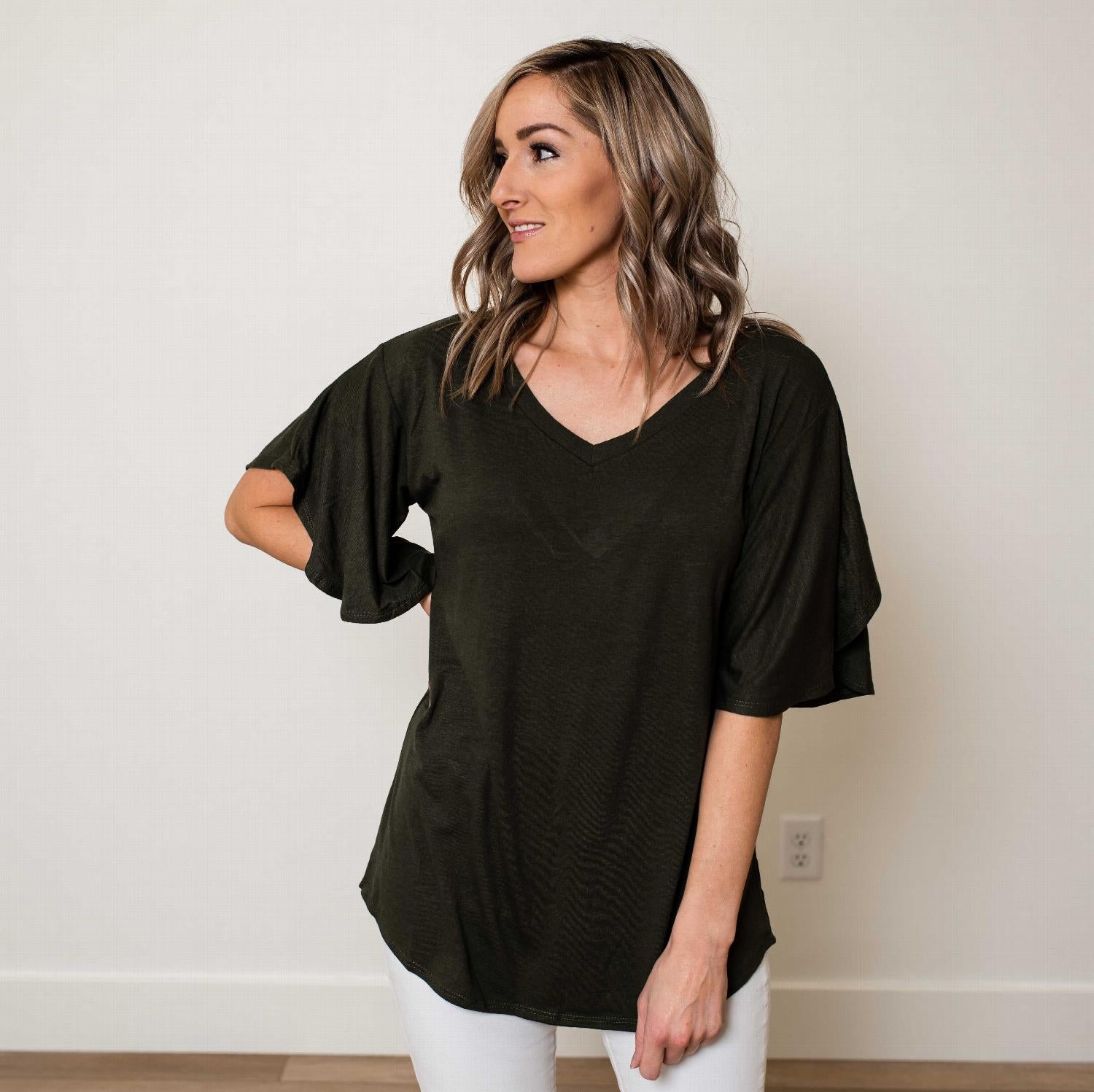 Open Back Tunic Top featuring flutter sleeves and a unique bar back design, perfect for warm weather.