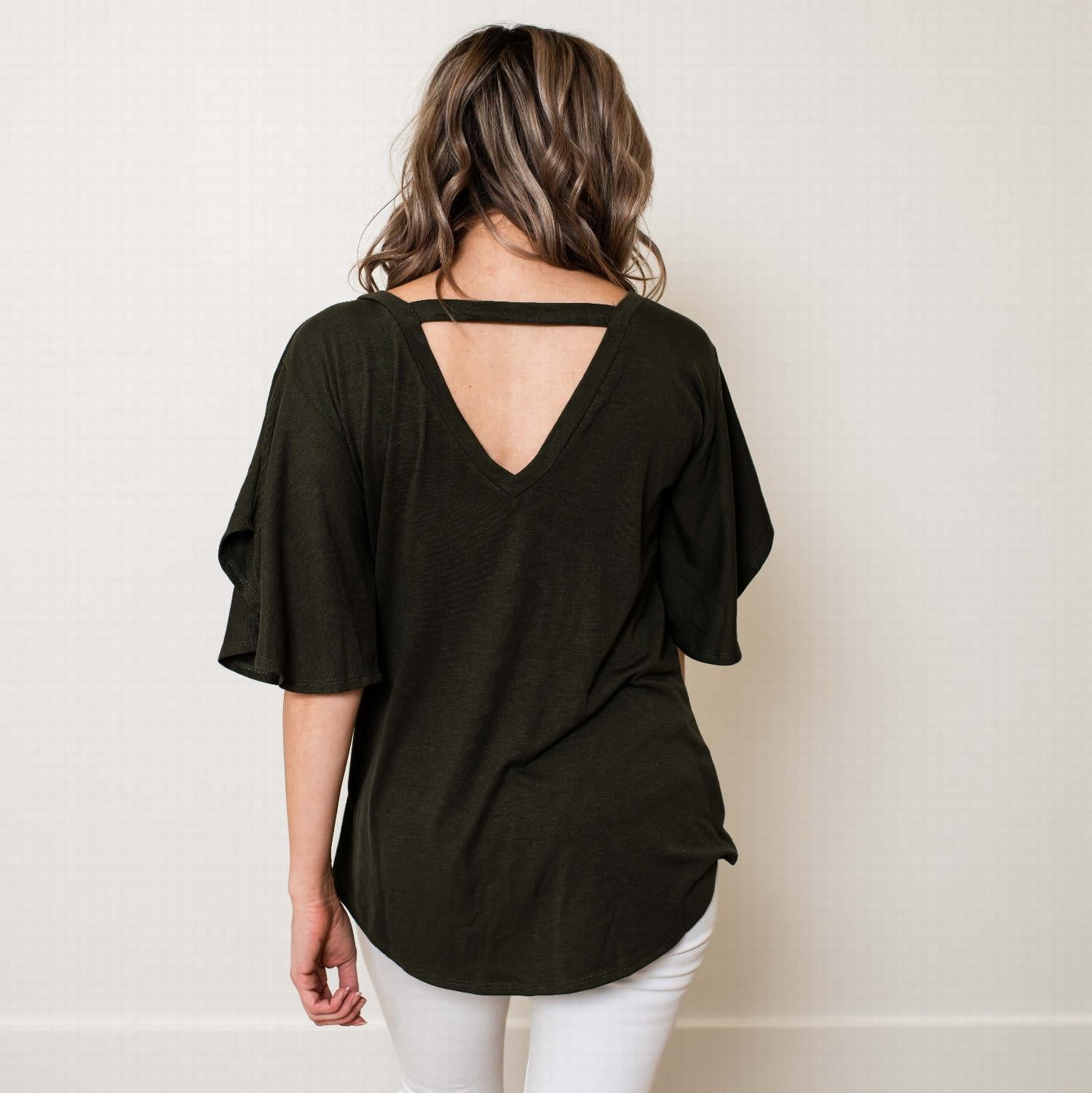 Open Back Tunic Top featuring flutter sleeves and a unique bar back design, perfect for warm weather.