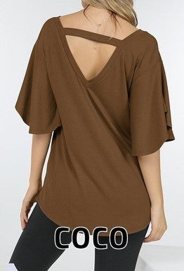 Open Back Tunic Top featuring flutter sleeves and a unique bar back design, perfect for warm weather.