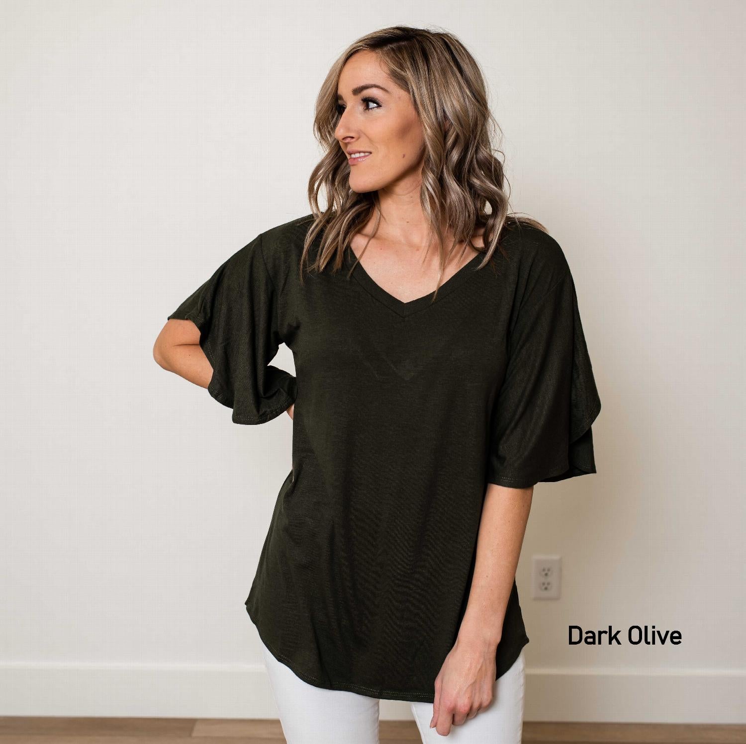 Open Back Tunic Top featuring flutter sleeves and a unique bar back design, perfect for warm weather.