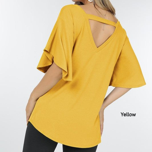 Open Back Tunic Top featuring flutter sleeves and a unique bar back design, perfect for warm weather.