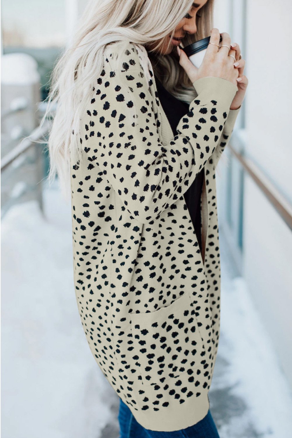 Open Front Dotted Print Knit Cardigan featuring a stylish dotted pattern, oversized fit, and big side pockets.