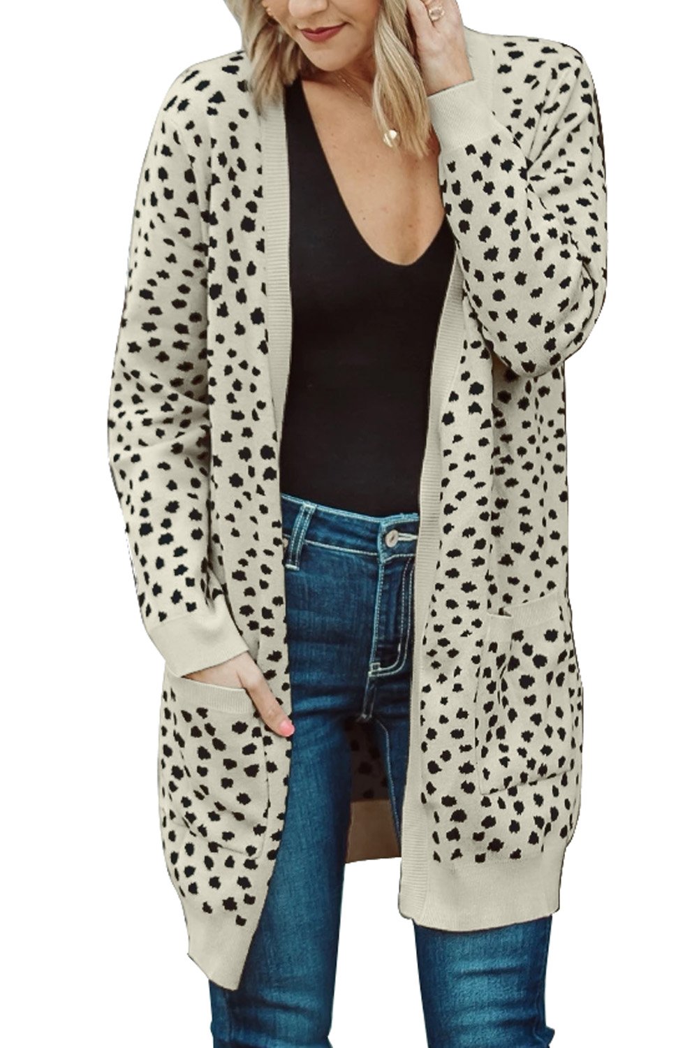 Open Front Dotted Print Knit Cardigan featuring a stylish dotted pattern, oversized fit, and big side pockets.