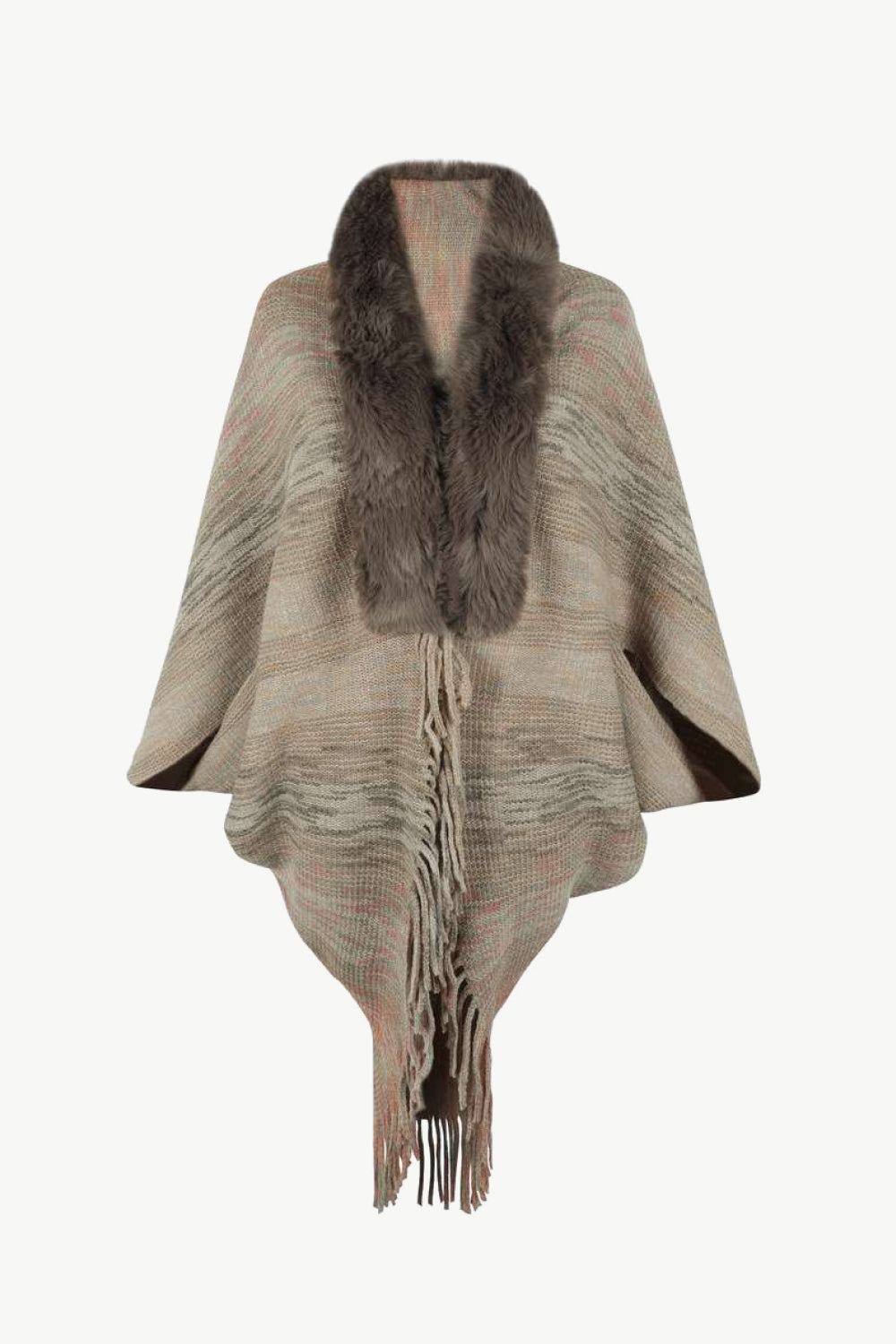 Open Front Fringe Hem Poncho featuring a stylish design with fringe detailing, made from 100% polyester, perfect for layering.