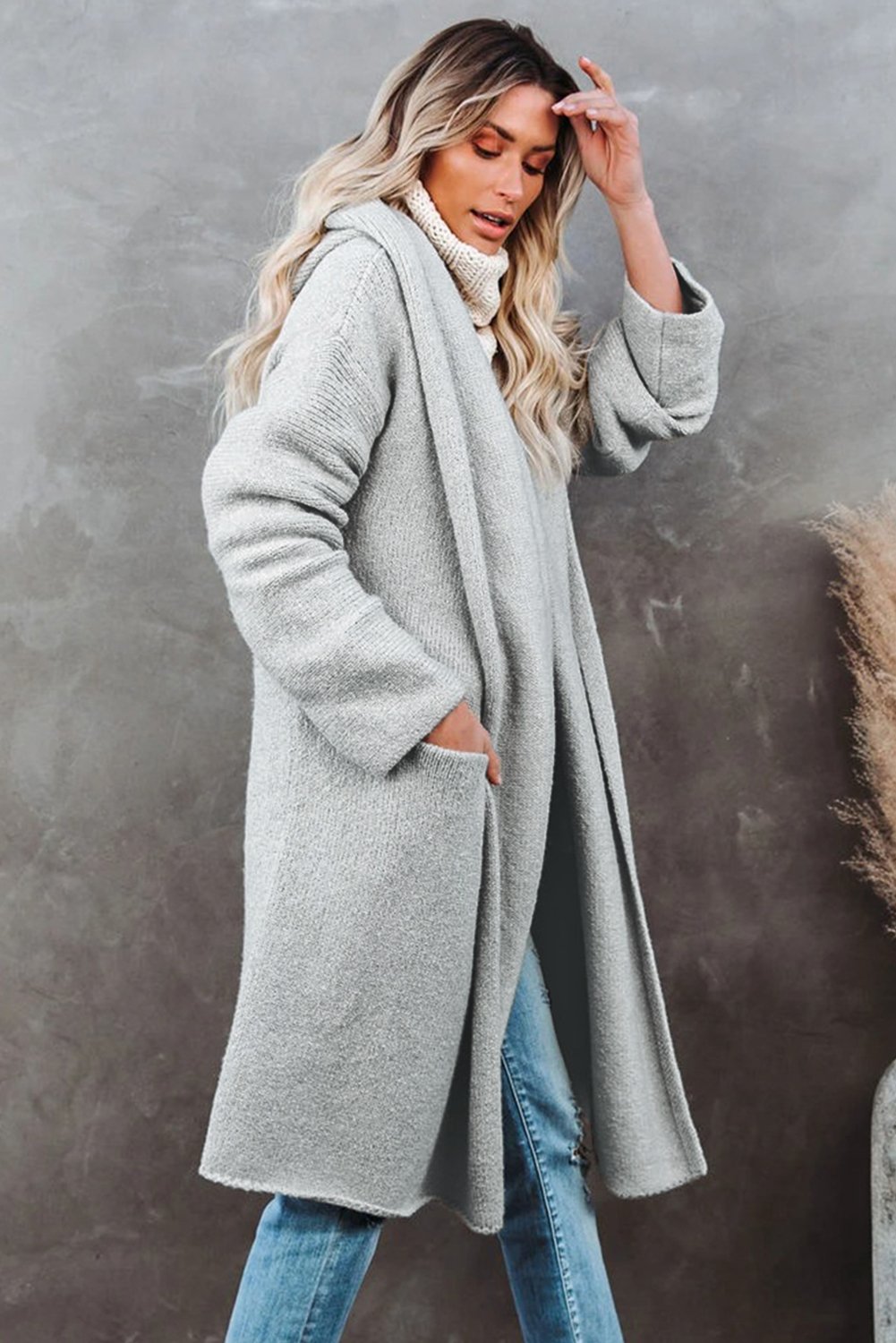 Open Front Hooded Sweater Cardigan in a solid color, showcasing its stylish hood and open front design, perfect for winter wear.