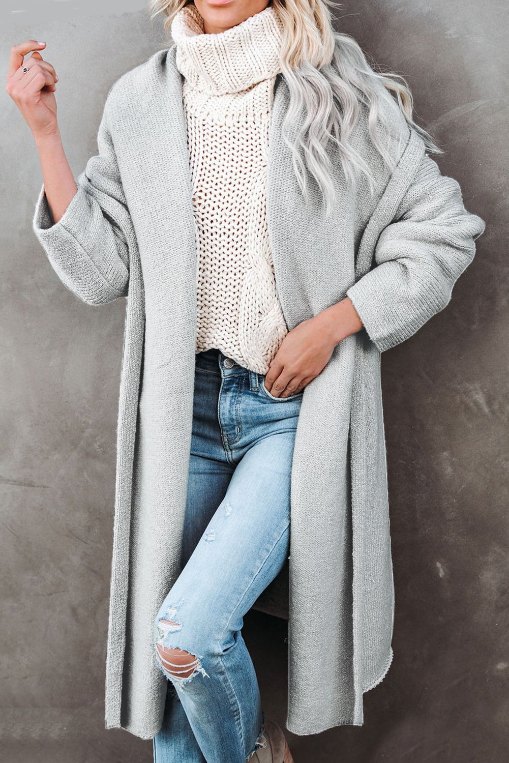 Open Front Hooded Sweater Cardigan in a solid color, showcasing its stylish hood and open front design, perfect for winter wear.