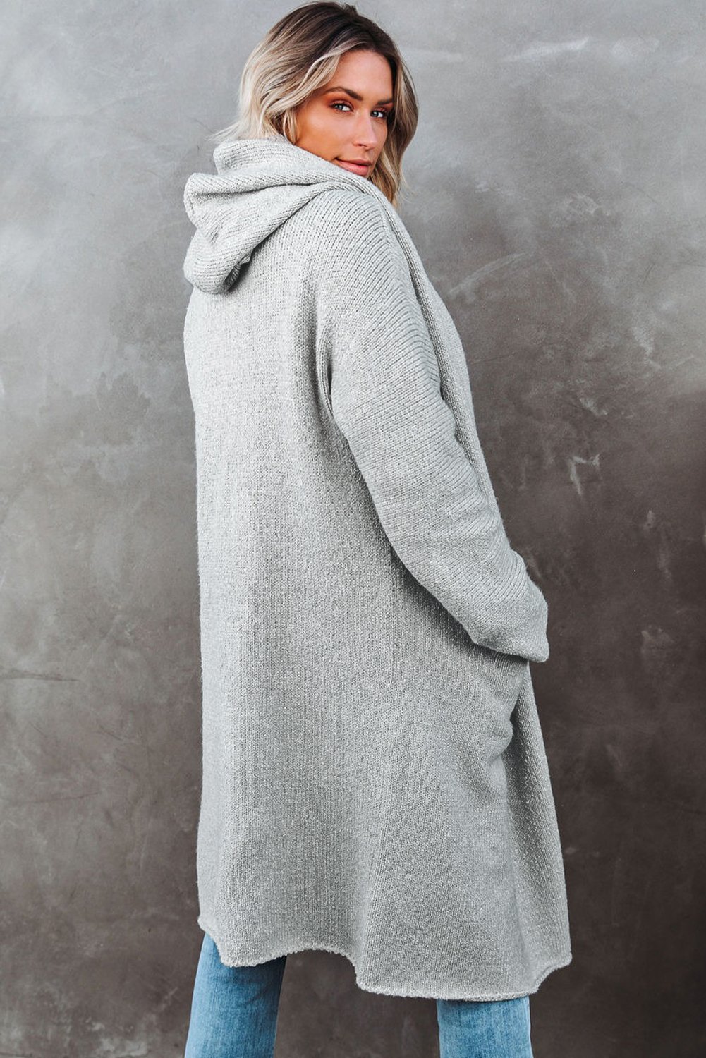 Open Front Hooded Sweater Cardigan in a solid color, showcasing its stylish hood and open front design, perfect for winter wear.