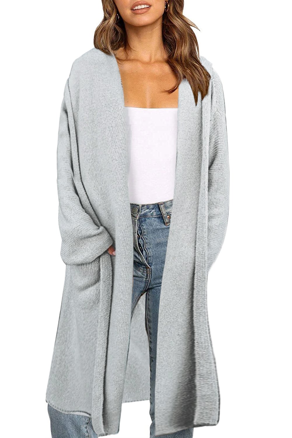 Open Front Hooded Sweater Cardigan in a solid color, showcasing its stylish hood and open front design, perfect for winter wear.